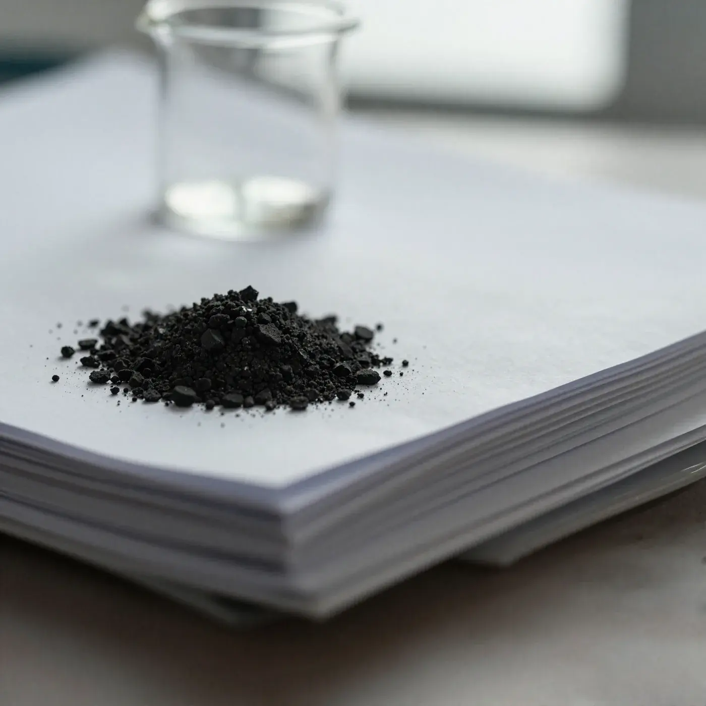 A small heap of biochar granules resting on a stack of printed pages beside a laboratory sample vial.