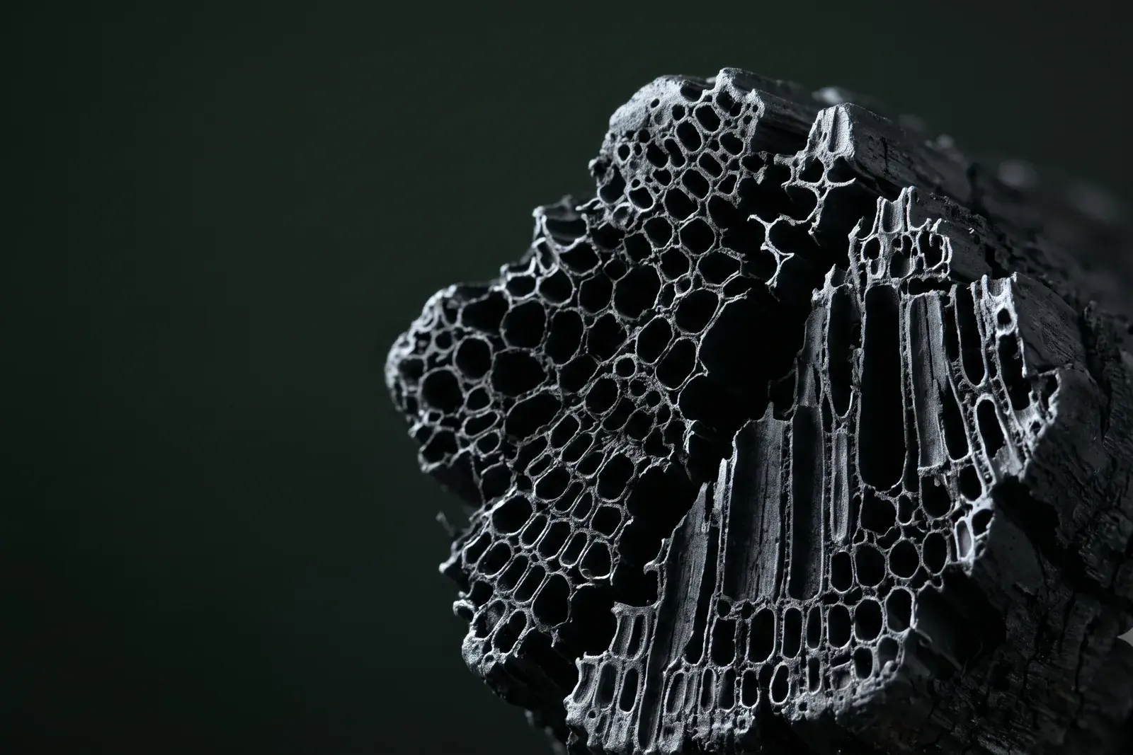 Macro view of a biochar fragment showing the honeycomb pore structure preserved from the original wood.