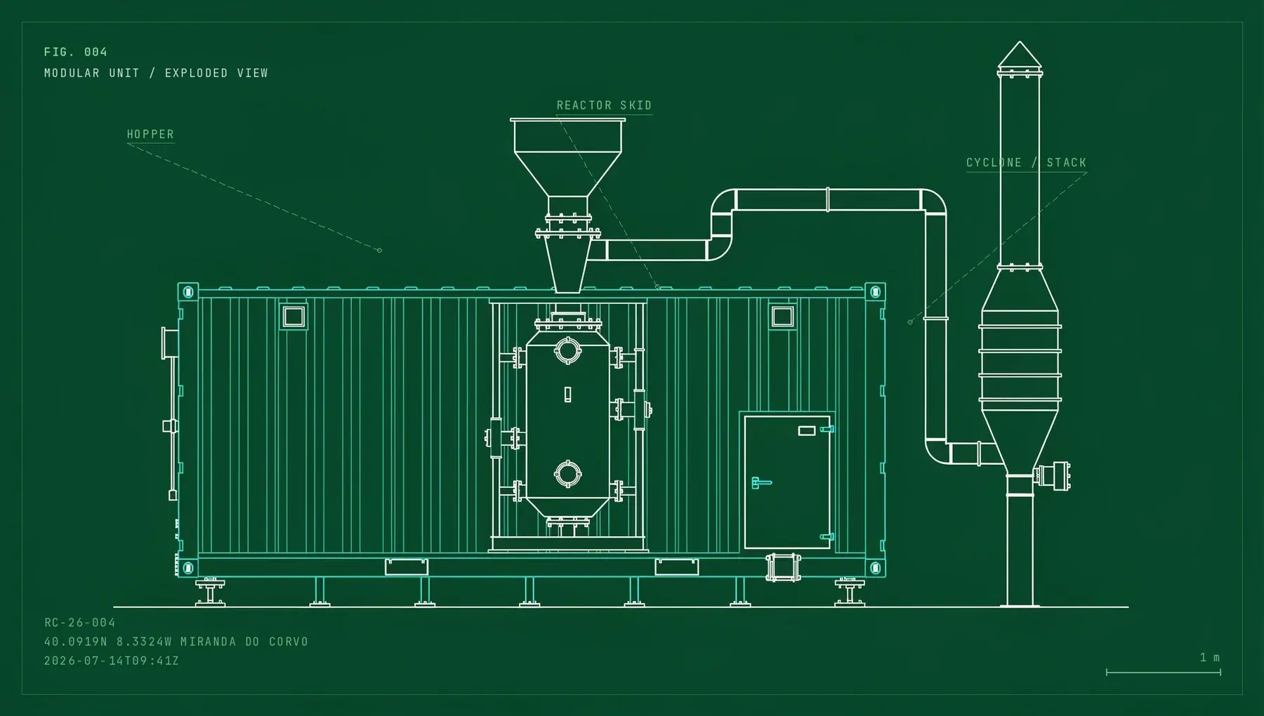 Exploded technical drawing of the containerized modular pyrolysis unit — hopper, reactor skid, cyclone and stack.