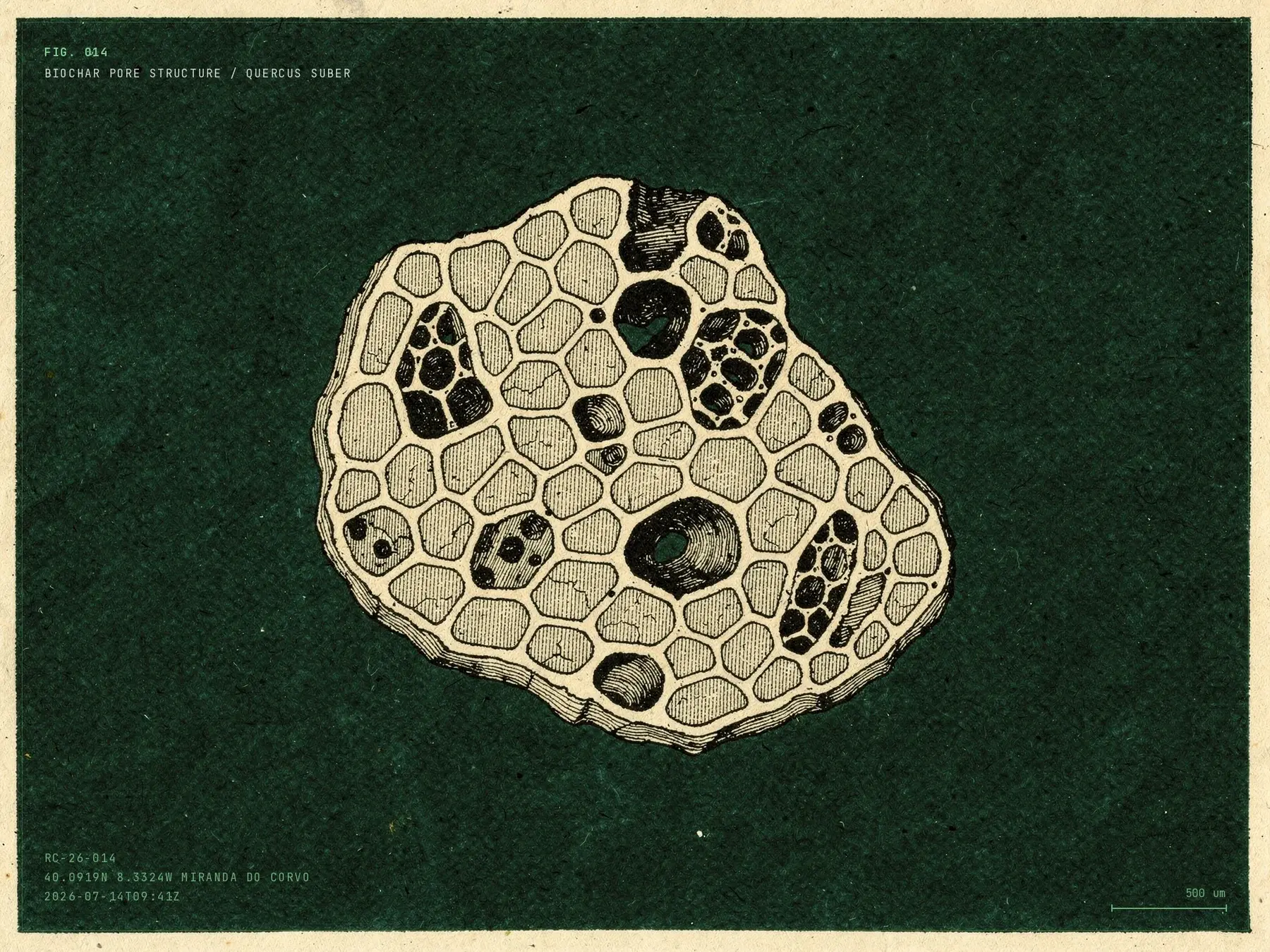 Specimen plate of biochar pore structure, drawn as a scientific engraving.